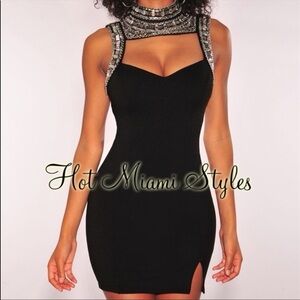 Hot Miami Styles Black Mini Dress with Embellished Collar